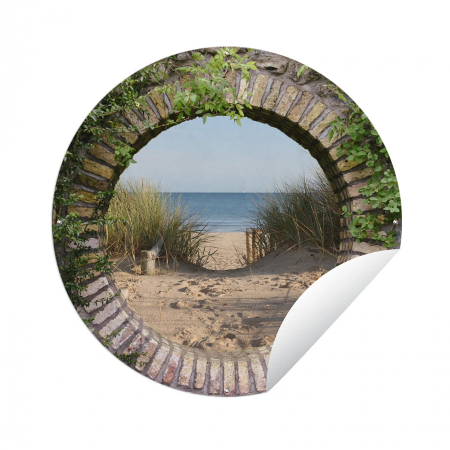 Doorkijk - Strand - Duin - Zomer Wandcirkel tuinposter met ringen klein -3d