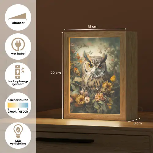 Uil - Vogels - Bloemen - Natuur Light Box met kabel (Tafellamp) klein -USP_NL