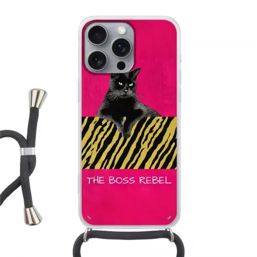 Kat - Baas - Roze - Tijgerprint Hoesje iPhone 16 Pro Max met koord klein -3d
