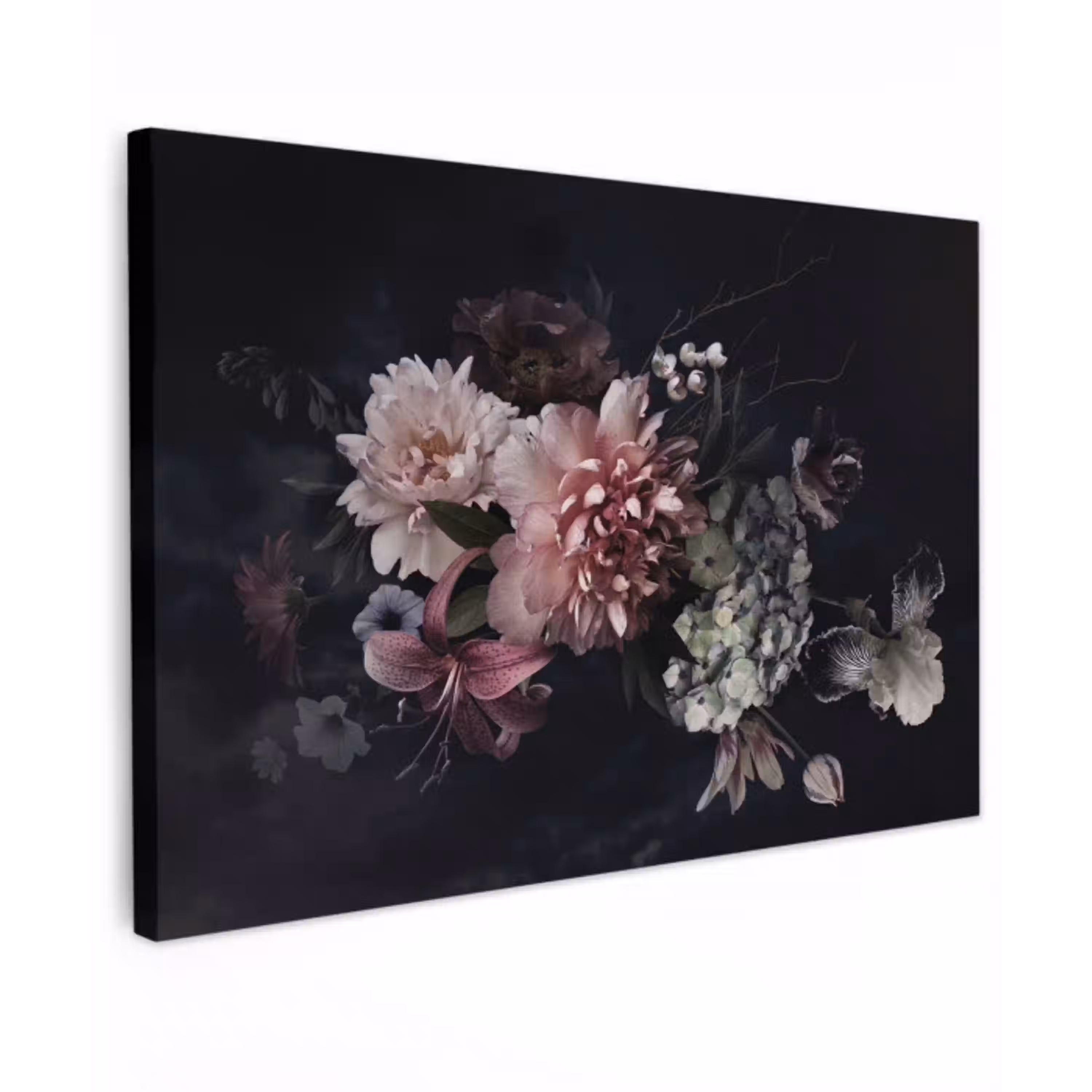 Bloemen - Vintage - Pastel - Zwart - Boeket Tuinposter op houten frame 2 cm dik klein -3d