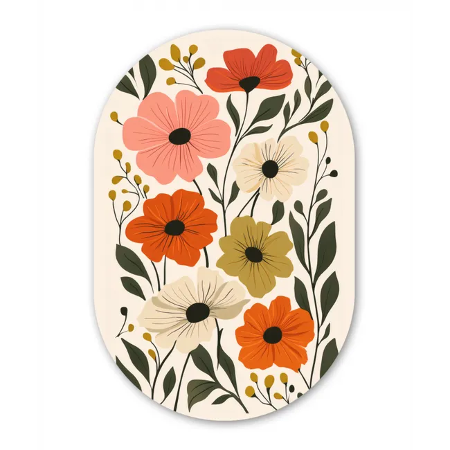 Veldbloemen - Stengels - Blaadjes - Groen Wandcirkel Ovaal Glas middel -3d