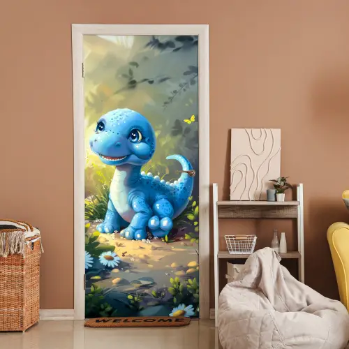Dino - Blauw - Baby - Dinosaurus deurposter klein -sfeer1