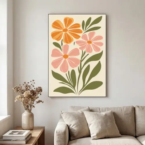 Minimalistisch - Bloemen - Bladeren - Roze Textielframe zwart klein -sfeer1