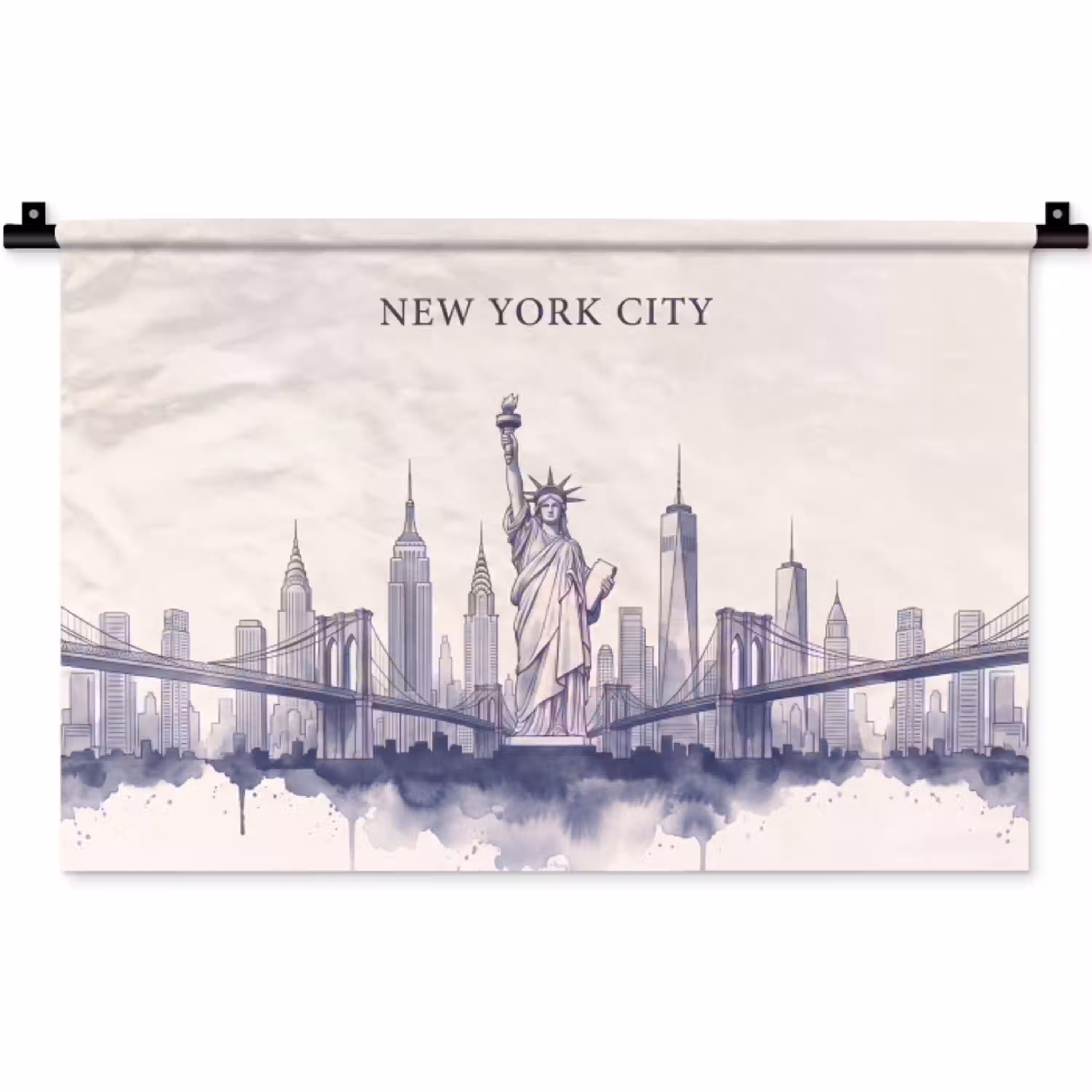 New York - Vrijheidsbeeld - Skyline - Illustratie - Blauw Wandkleed katoen klein -zz3d
