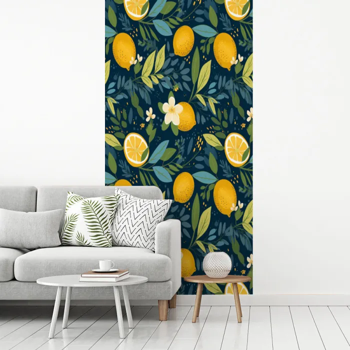 Bloemen - Bladeren - Citroenen - Blauw fotobehang vinyl groot 64 -woonkamer