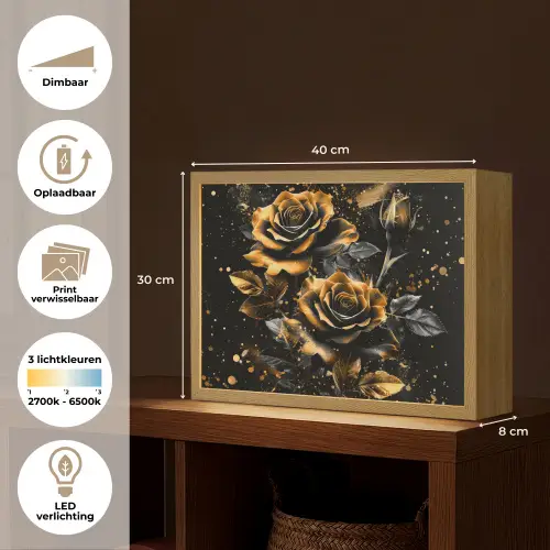 Rozen - Goud - Zwart - Bloemen - Modern Light Box met batterij (Wandlamp) middel -USP_websiteoverzichtNL