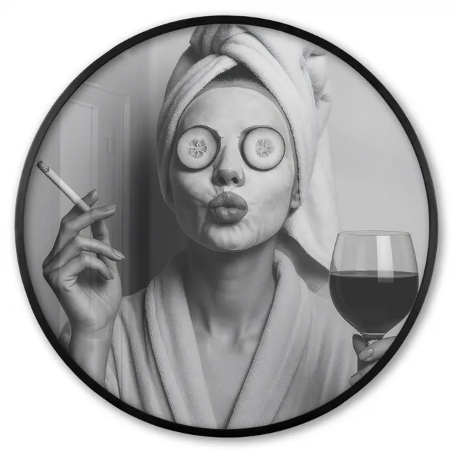 Ronde fotolijst - Vrouw - Masker - Wijn - Sigaret