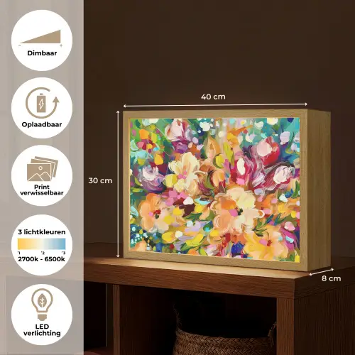 Schilderij - Olieverf - Bloemen - Regenboog Light Box met batterij (Wandlamp) middel -USP_websiteoverzichtNL
