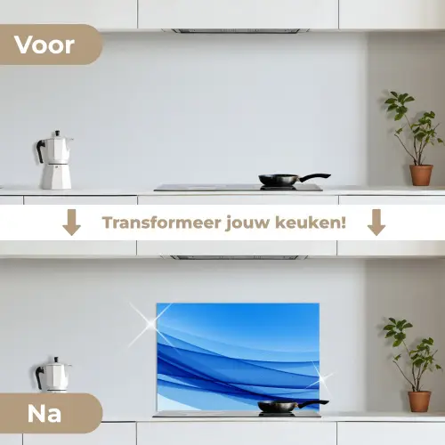 Golven - Helder - Blauw keuken achterwand spatscherm klein -voor_na_NL