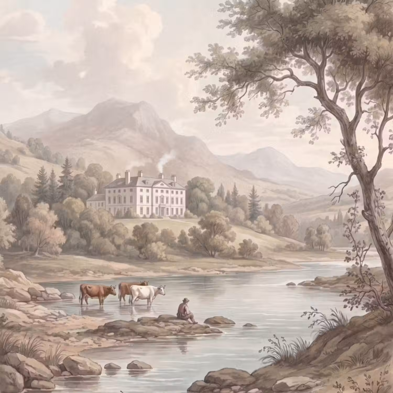 Behang - Landhuis - Rivier - Vee