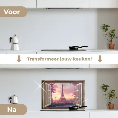 Doorkijk - Parijs - Eiffeltoren - Roze - Kersenbloesem keuken achterwand spatscherm klein -voor_na_NL