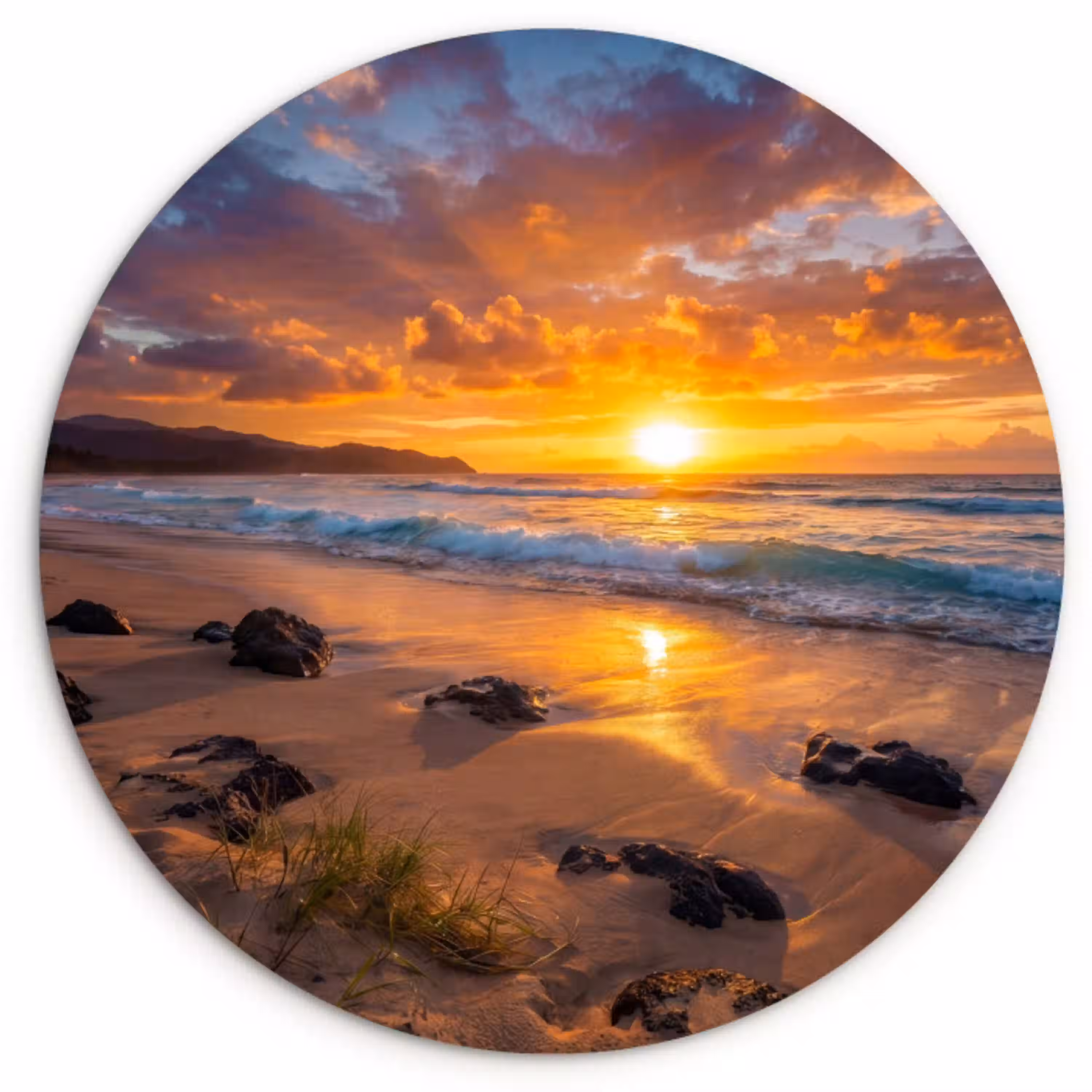 Strand - Zonsondergang - Golven - Natuur - Oranje Wandcirkel kunststof plaat 5mm dik klein -3d