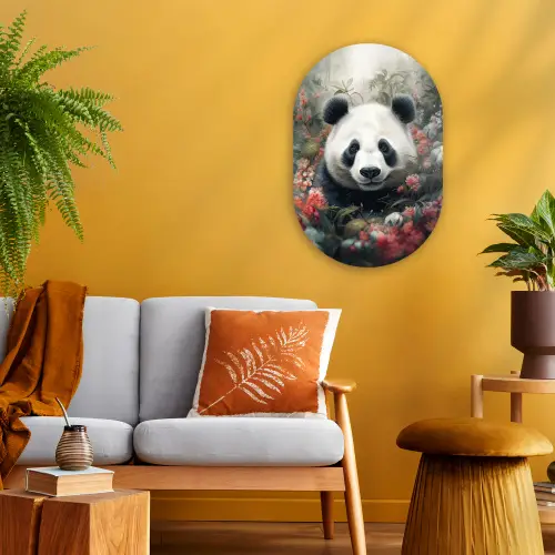 Panda - Wilde dieren - Bloemen - Natuur Wandcirkel Ovaal Forex klein -sfeer4
