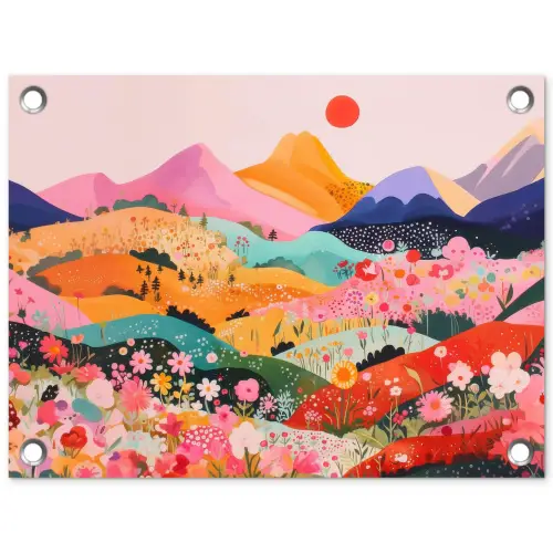 Kleurrijke bloemen - Bergen - Fantasielandschap tuinposter los doek klein -3d