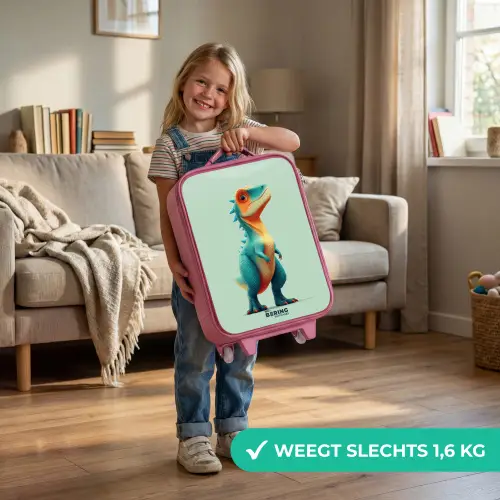 Stoere dino met grote ogen Kinderkoffer - Roze klein -sfeer2_NL