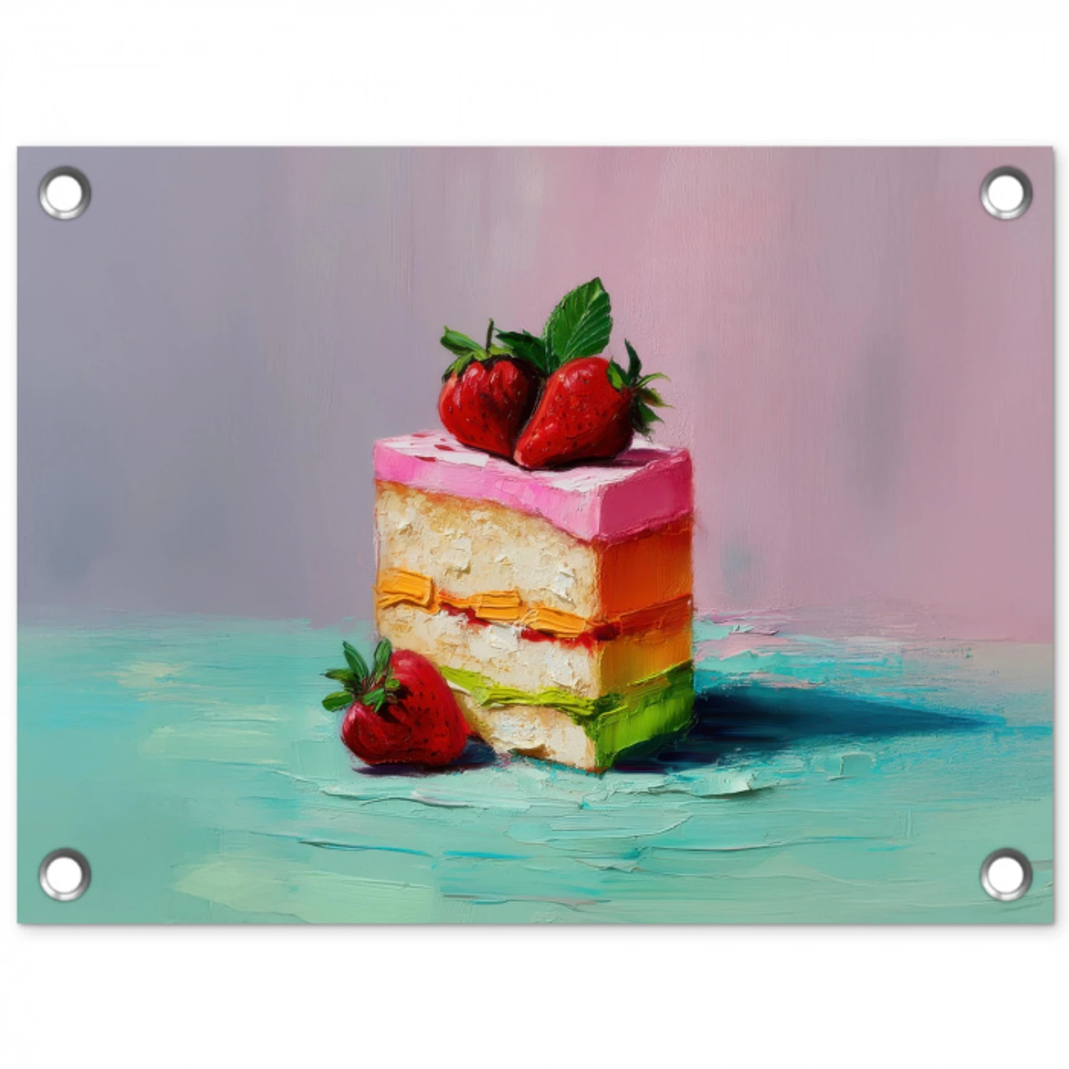 Taartje - Aardbeien - Glazuur - Kleurrijk tuinposter los doek klein -3d