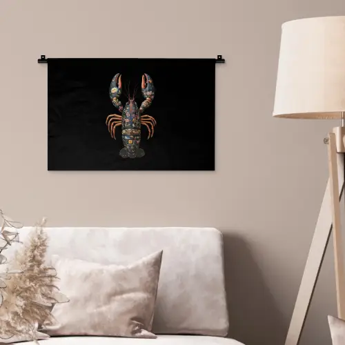 Kreeft - Zwart - Bloemenpatroon - Artistiek Wandkleed katoen klein -sfeer4