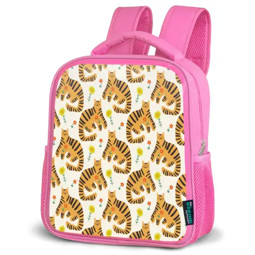 Vrolijk - Tijgerkatten - Bloemen Kinderrugzak - Roze middel 863 -schuin