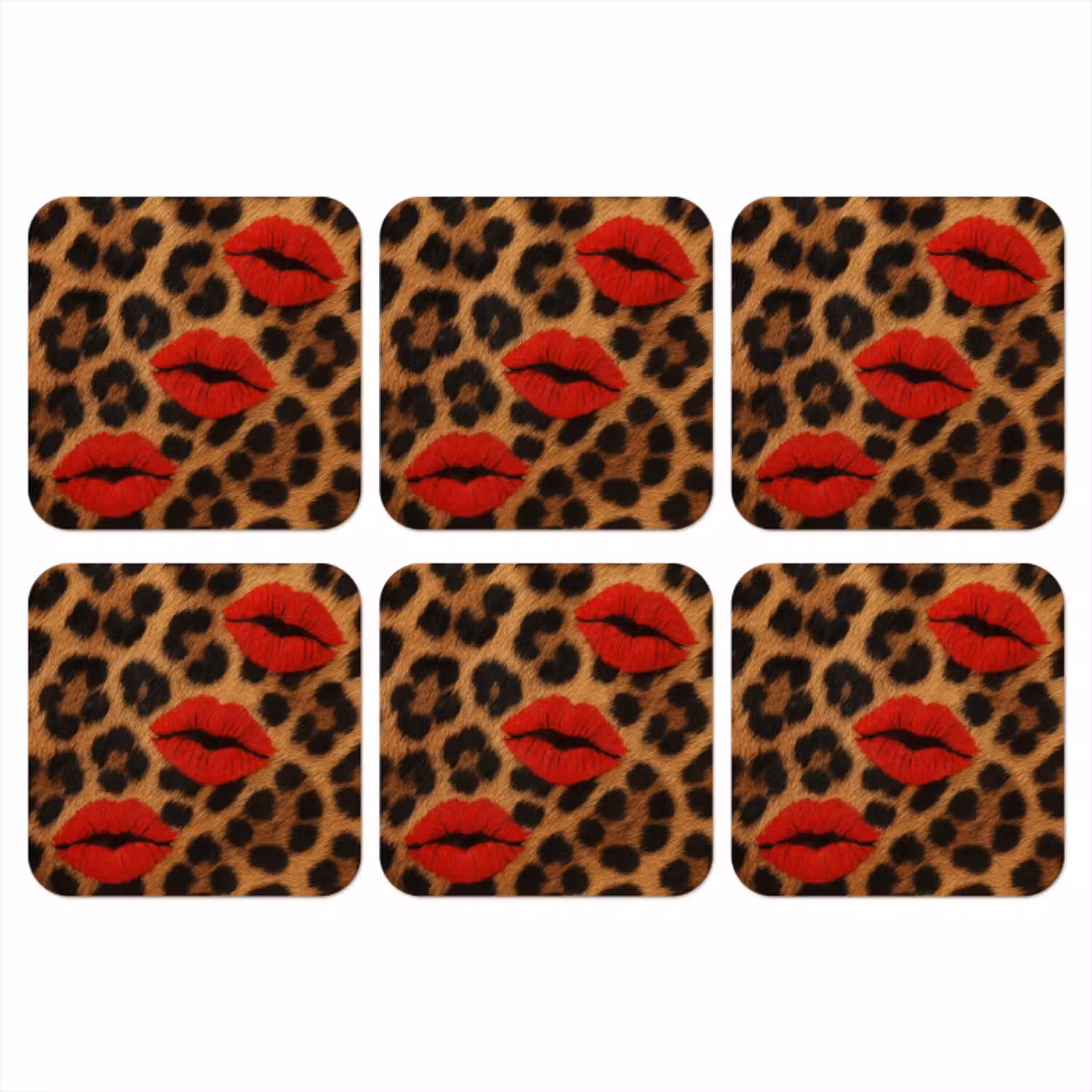 Lippen - Drie - Rood - Panterprint onderzetter kurk middel -3d