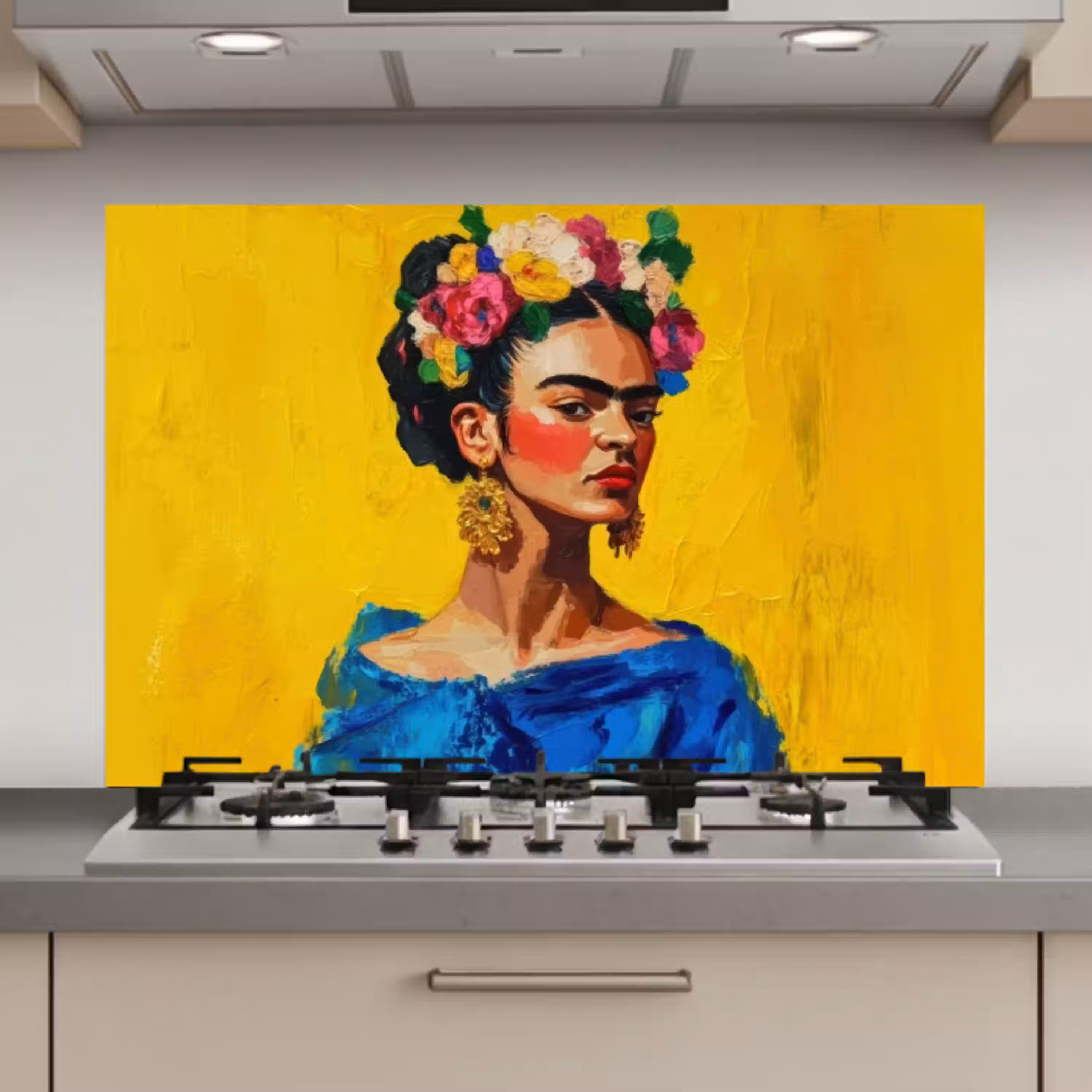 Frida Kahlo - Vrouw - Geel - Blauw - Bloemen keuken achterwand spatscherm klein -3d_website