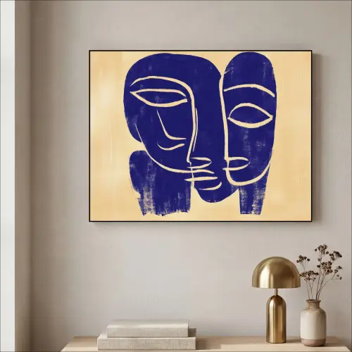 Okergeel - Blauw - Eenvoudige lijnen Textielframe zwart klein -sfeer2