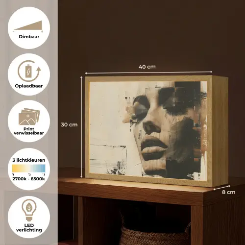 Vrouw - Gezicht - Abstract - Kunst Light Box met batterij (Wandlamp) middel -USP_websiteoverzichtNL