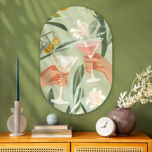 Glazen - Proosten - Bladeren - Groen Wandcirkel Ovaal Glas middel -sfeer2