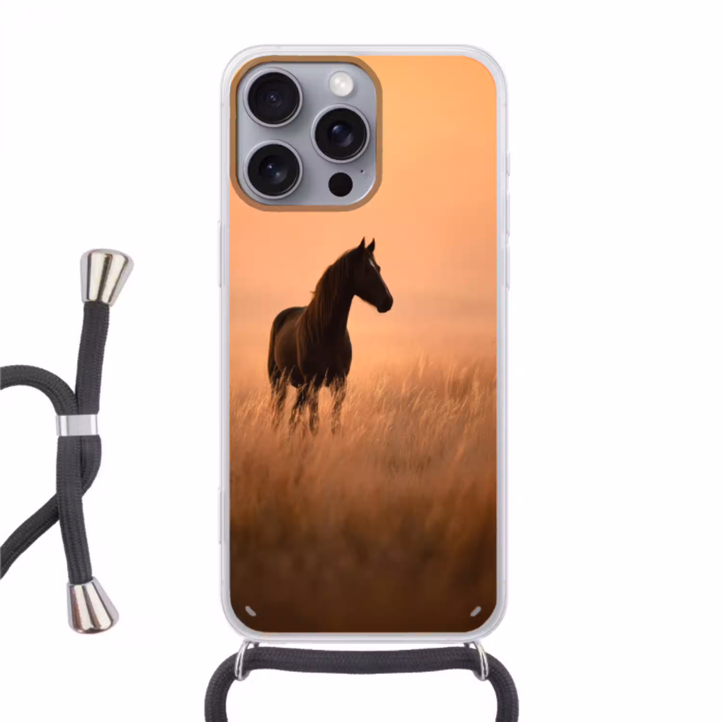 Paard - Grasveld - Zonsondergang Hoesje iPhone 16 Pro Max met koord klein -3d