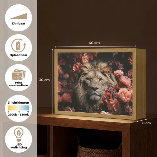 Leeuw - Dier - Natuur - Botanisch - Bloemen - Roze Light Box met batterij (Wandlamp) middel -USP_websiteoverzichtNL
