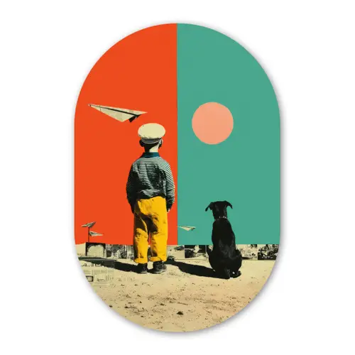 Retro - Jongen - Hond - Rood - Groen Wandcirkel Ovaal Forex klein -3d