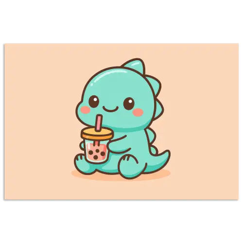 Dino - Boba - kawaii - Oranje poster papier klein -3d