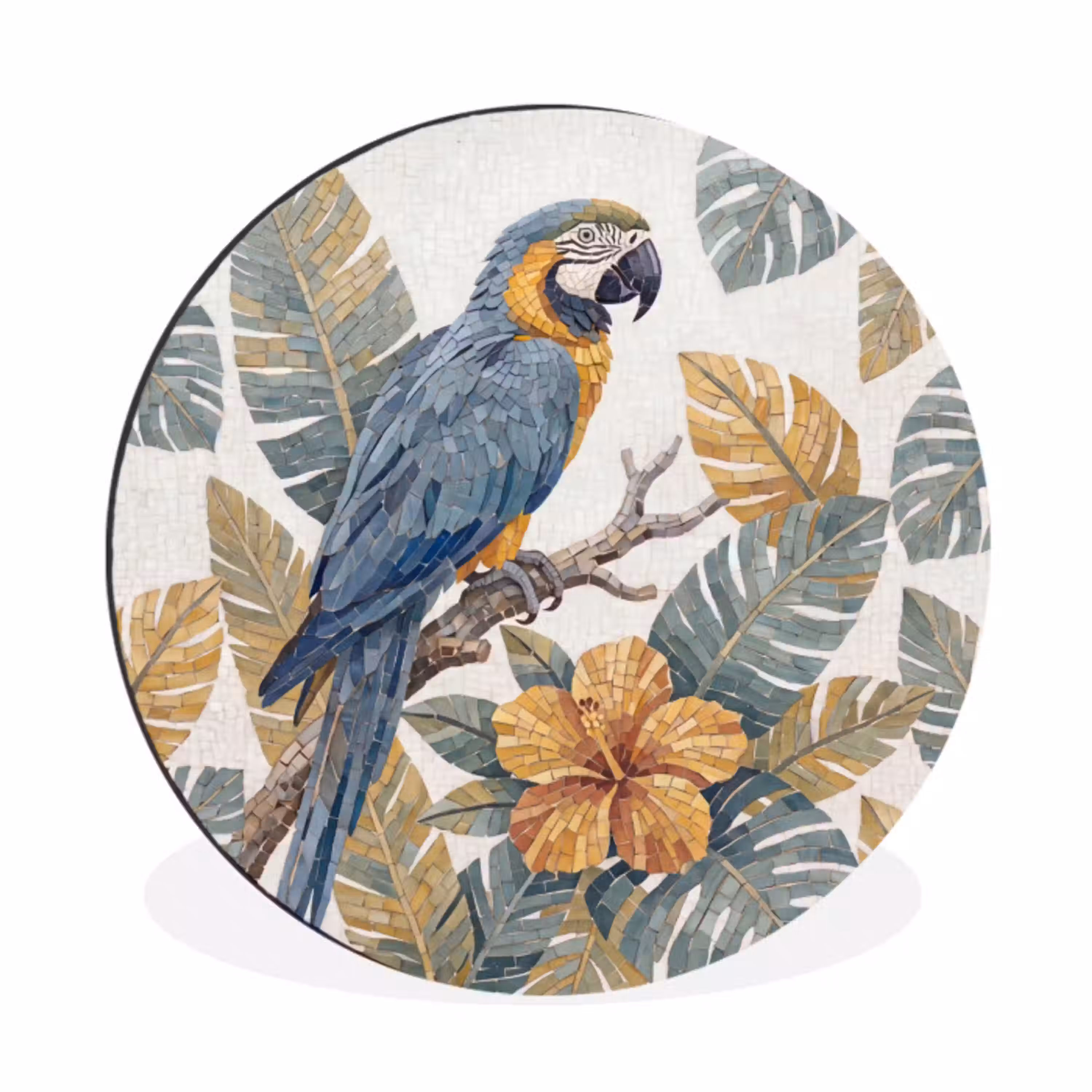 Vogel - Tak - Natuur - Mozaïek - Blauw Wandcirkel aluminium klein -3d
