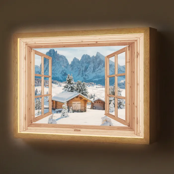 Doorkijk - Winterlandschap - Huisje - Bergen - Uitzicht Light Box met batterij (Wandlamp) middel -z3d_website