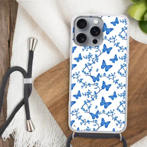 Vlinder - Bloemen - Blauw Hoesje iPhone 16 Pro Max met koord klein 804 -sfeer4