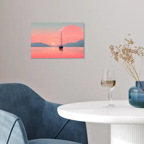 Zeilboot - Roze zee - Zonsondergang - Bergen poster papier klein -sfeer3