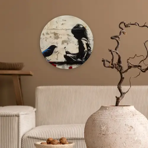 Street art - Meisje - Vogel - Graffiti - Banksy Wandcirkel kunststof plaat 5mm dik klein -sfeer1