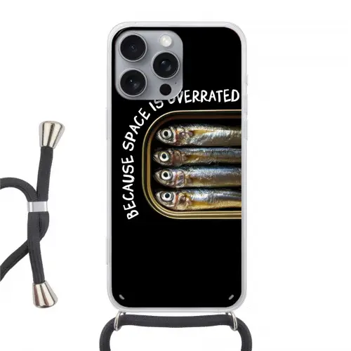 Sardines - Tekst - Vis - Blik Hoesje iPhone 16 Pro Max met koord klein -3d