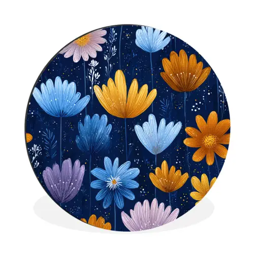 Bloemen - Patroon - Blauw - Contrast Wandcirkel aluminium klein -3d