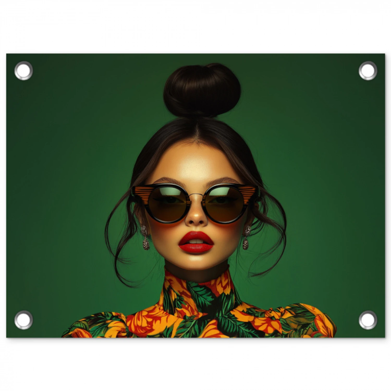 Vrouw - Groen - Modern - Bril - Abstract tuinposter los doek klein -3d