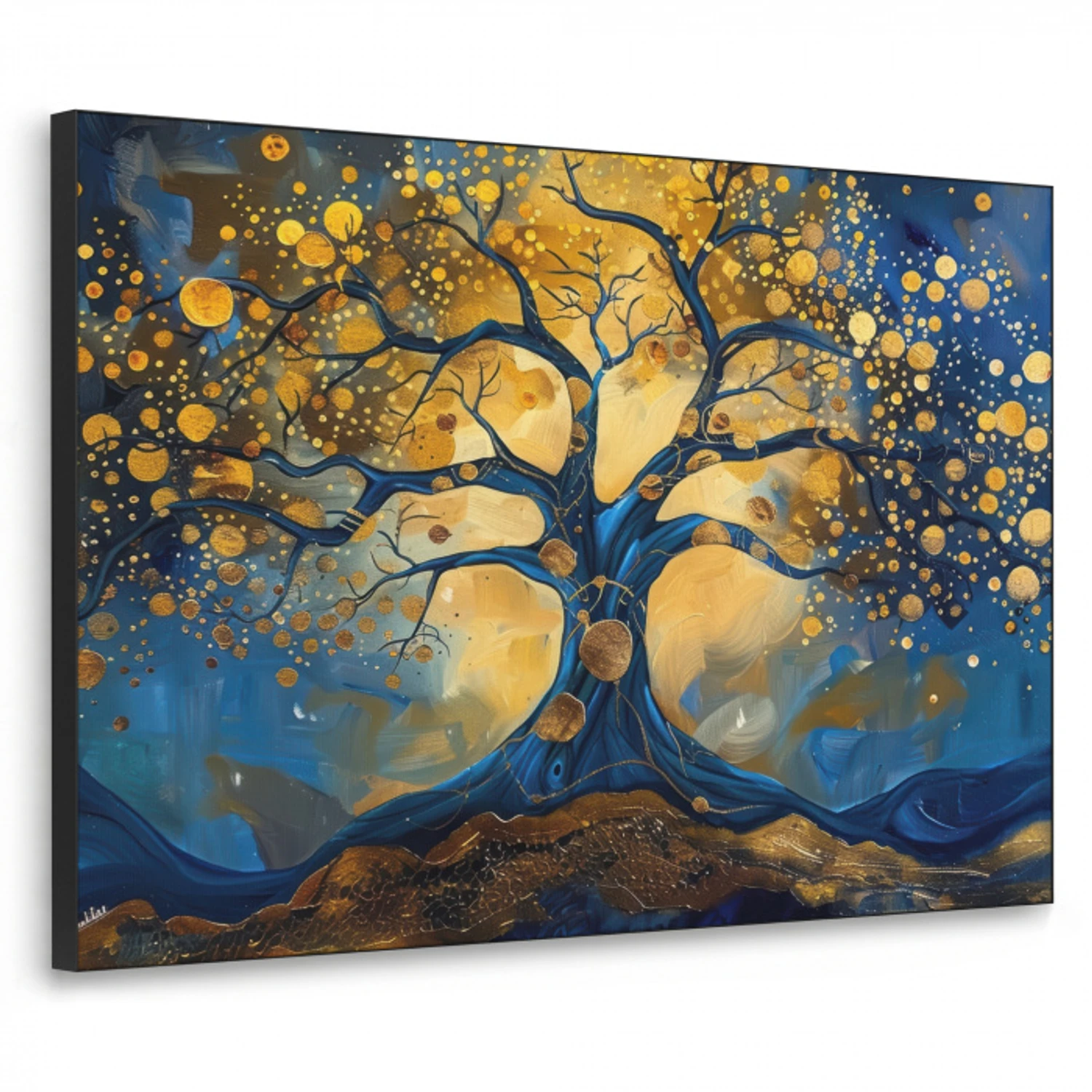Boom - Levensboom - Blauw - Goud Textielframe - compleet frame klein -3d