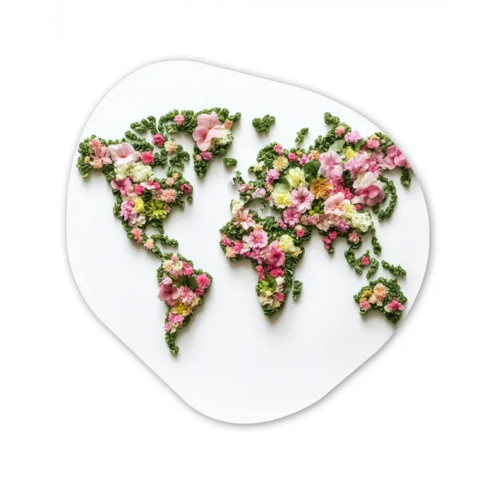 Wereldkaart - Kleurrijk - Bloemen - Lente Wandcirkel Organisch Plexiglas middel -3d