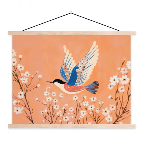 Vogel - Bloesemtakken - Warm - Kleurrijk textielposter latten blank klein -3d