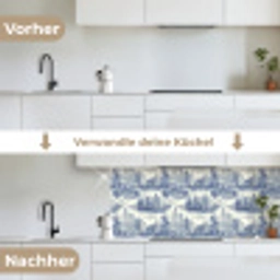 Huizen - Bomen - Water - Vogels - Blauw keuken achterwand 2 middel 871 -voor-na_DE