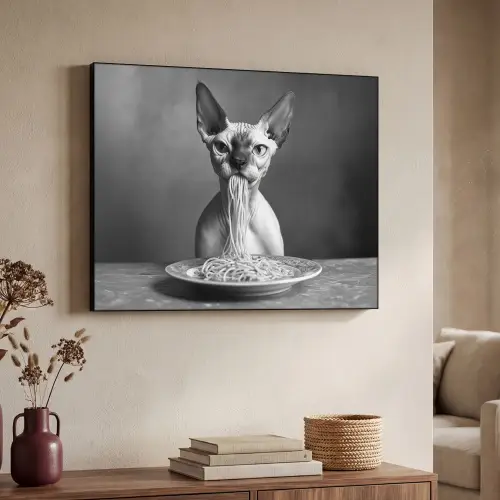 Sphynx - Kat - Dieren - Humor - Spaghetti - Zwart Wit Textielframe zwart klein -sfeer3