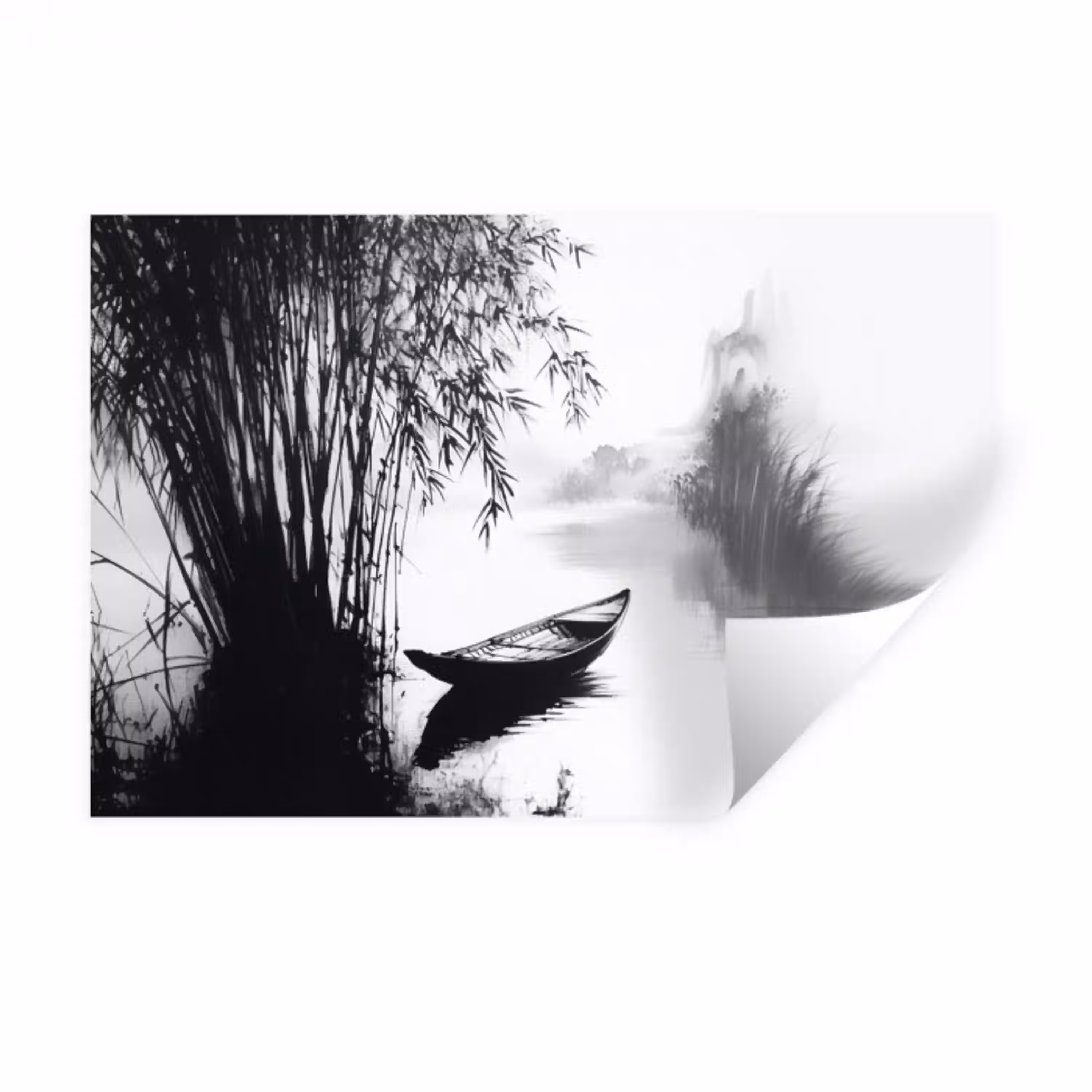 Boot - Rivier - Bamboe - Wit Muursticker klein -3d