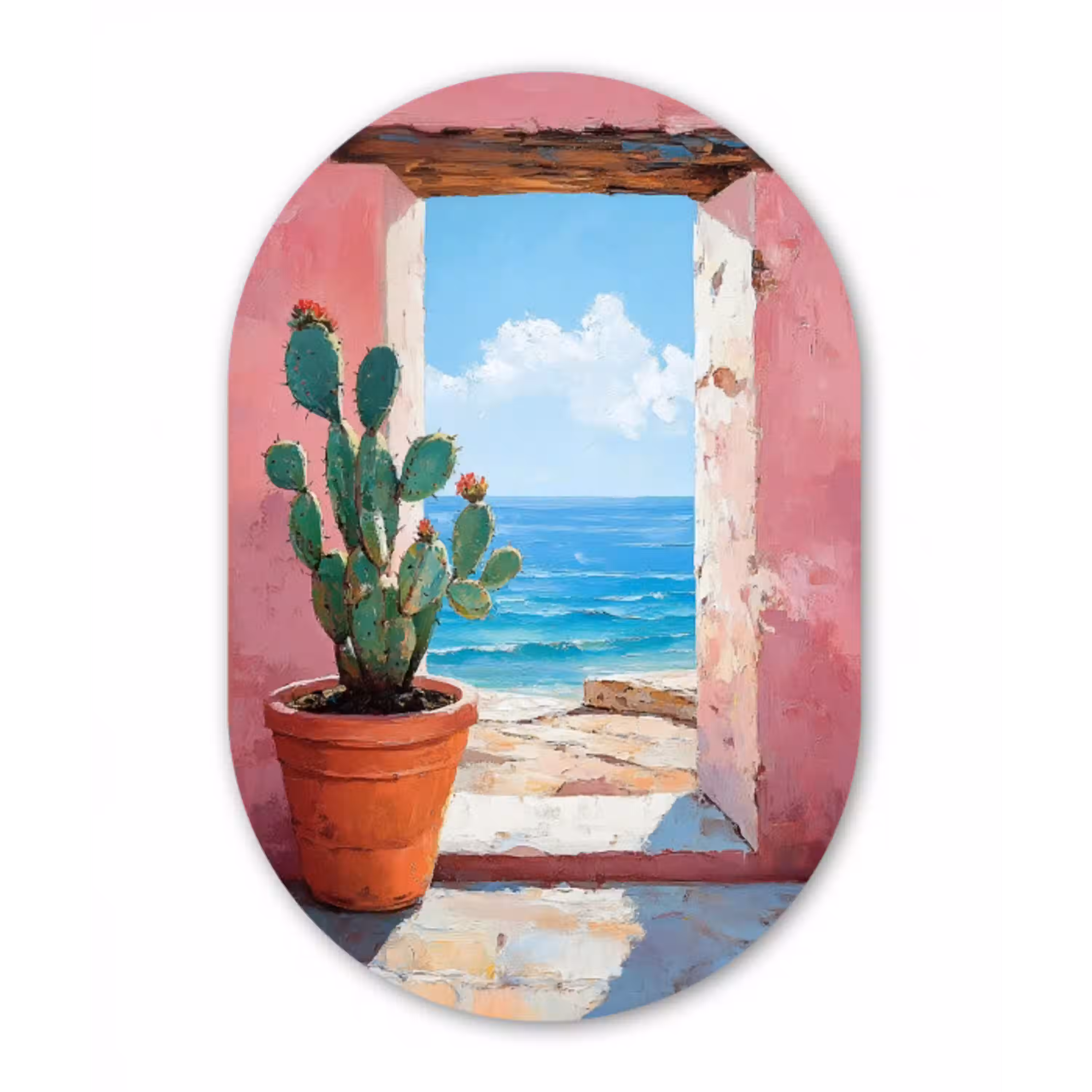 Zee - Roze - Cactus Wandcirkel Ovaal Glas middel -3d