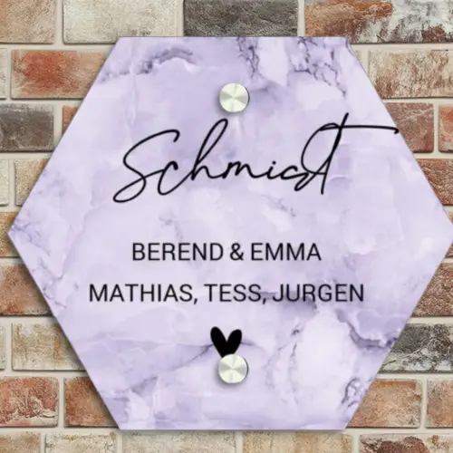 Paars marmer - Sierlijk Naambord Hexagon klein -sfeer2