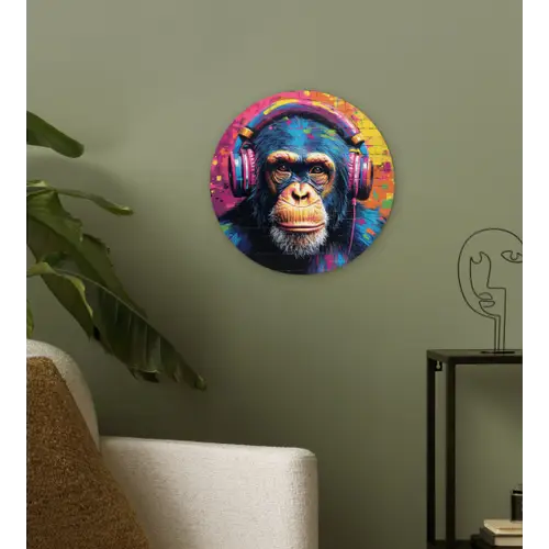 Graffiti - Chimpanzee - Street art - Koptelefoon - Aap Wandcirkel kunststof plaat 5mm dik klein -sfeer3