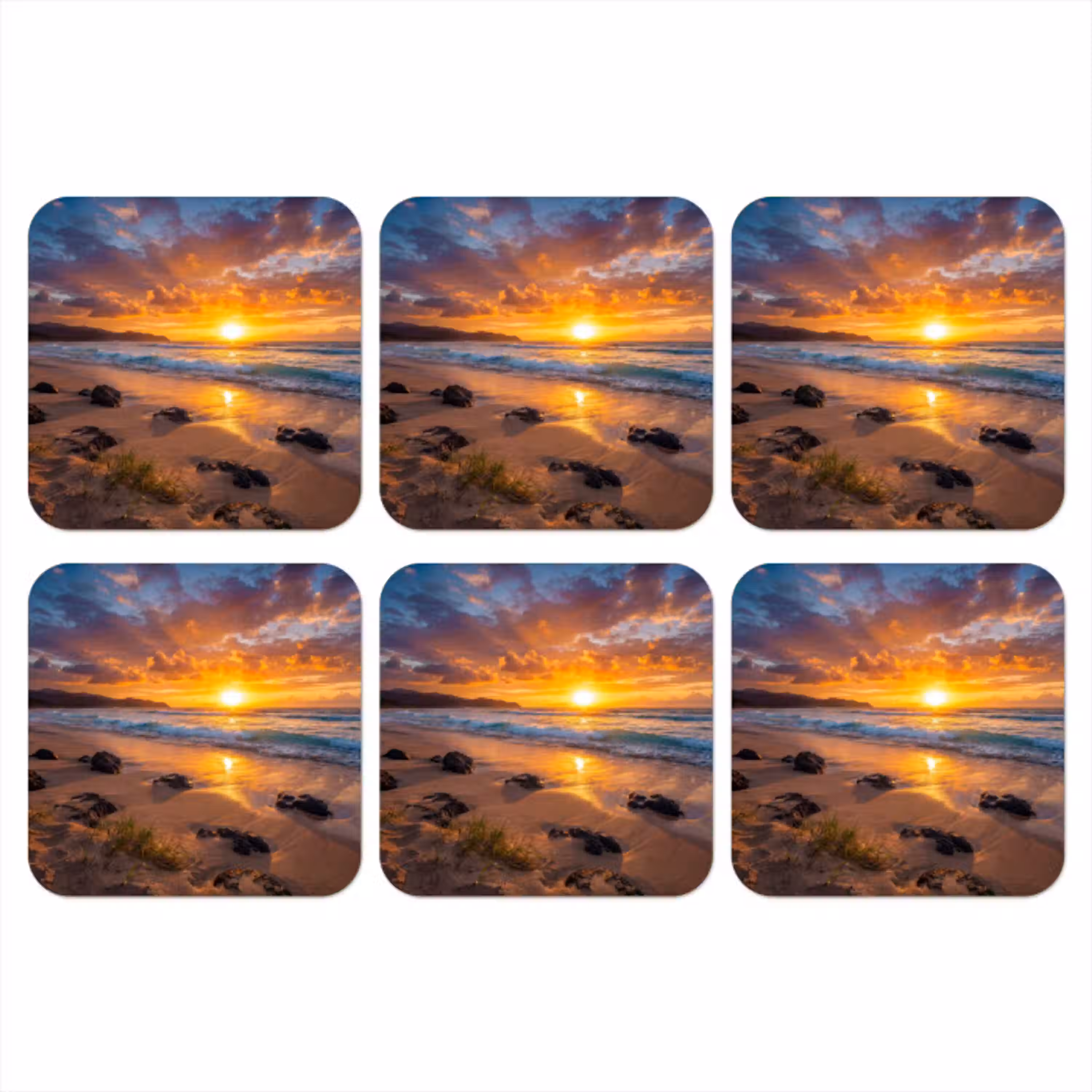 Strand - Zonsondergang - Golven - Natuur - Oranje onderzetter kurk middel -3d