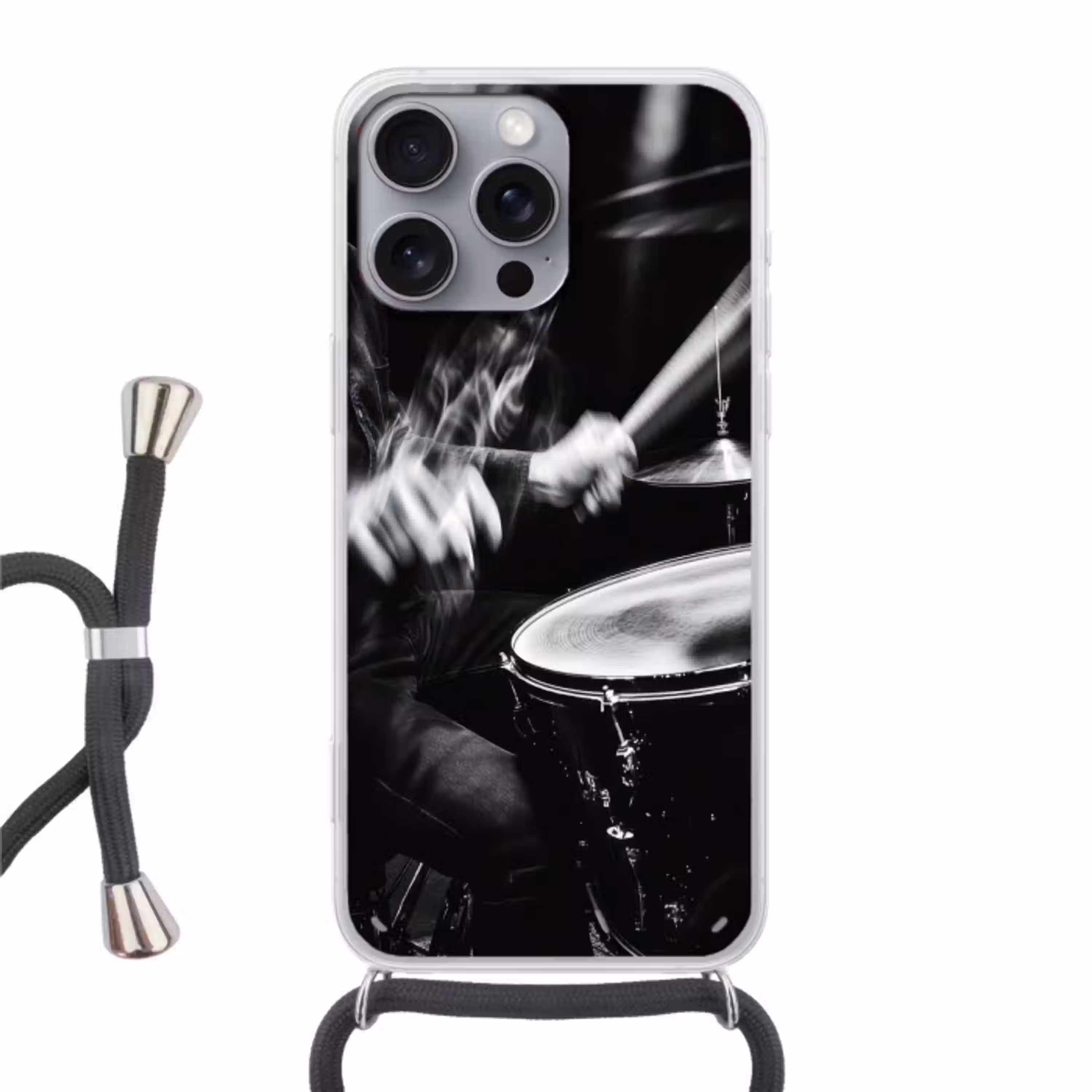 Drummer - Zwart - Drumstel Hoesje iPhone 16 Pro Max met koord klein -3d